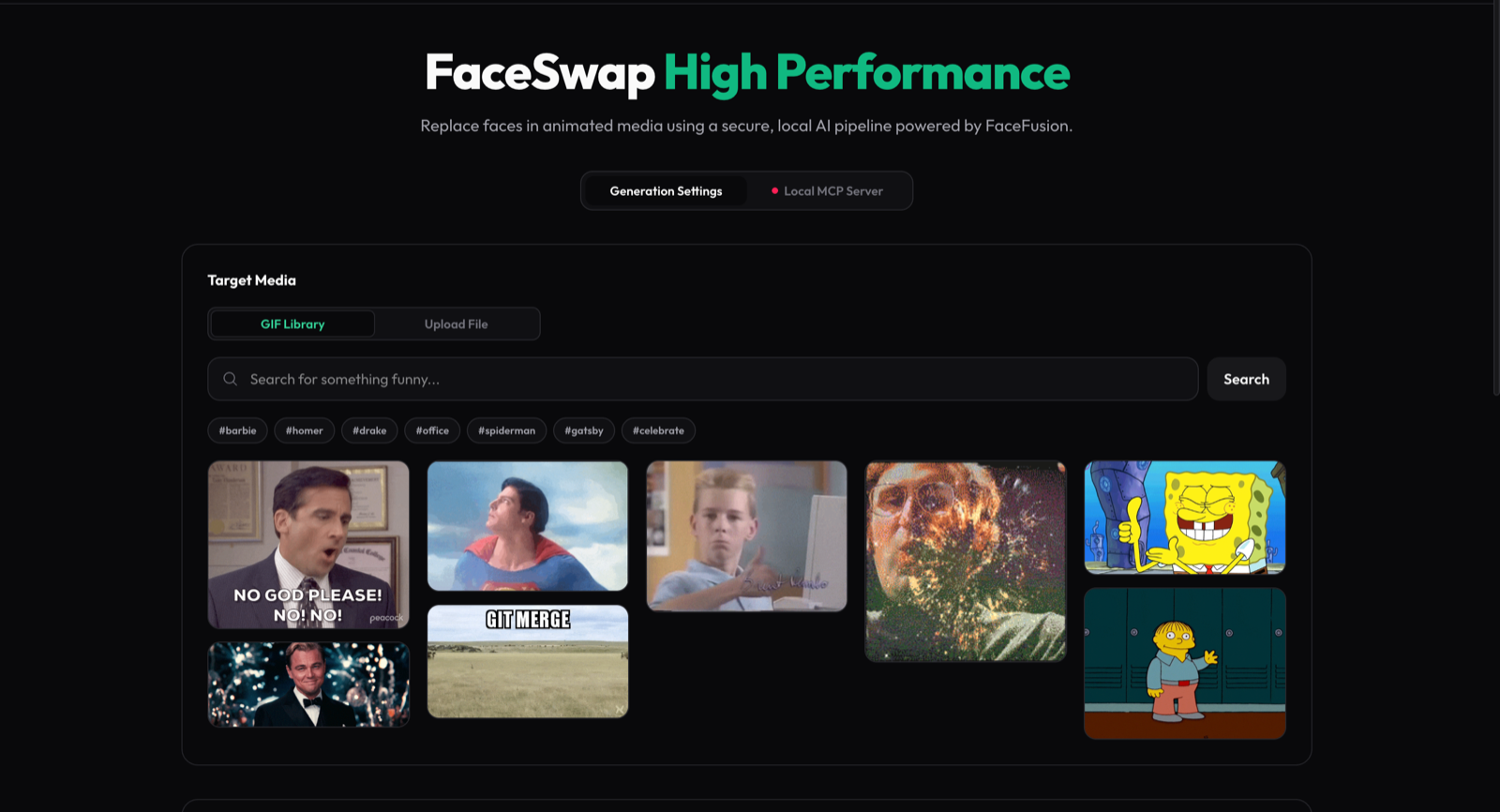Meme Swap web app — dark interface with GIF library, search and quality presets