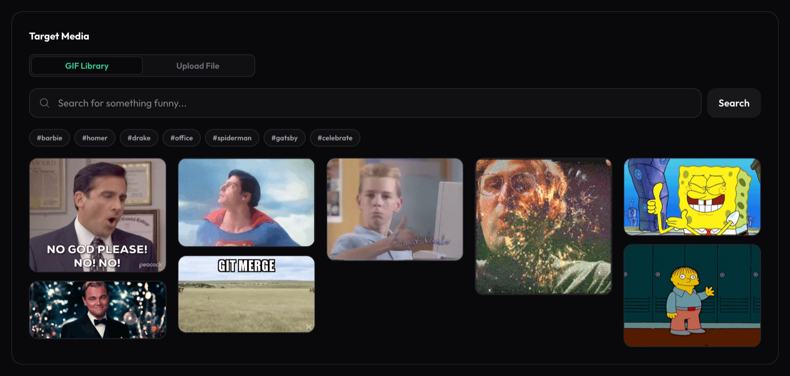 Built-in Giphy search — GIF grid with trending memes and hashtag pills